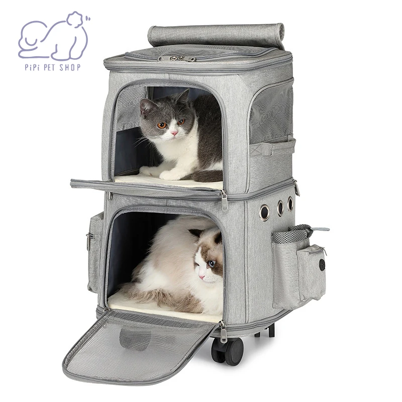 Double Layer Removable Rolling Wheels Small Animals Carrier for 2 Cats Dogs Breathable Comfort Trolley Travel Bag Box Supplies