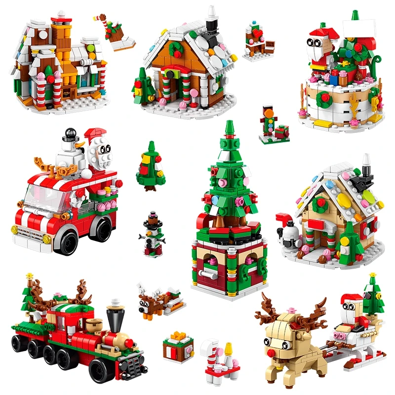 6 In 1 Creative Christmas Series Building Blocks Set Kawaii Reindeer Winter Village Mini House Model DIY Bricks Toys For Kids