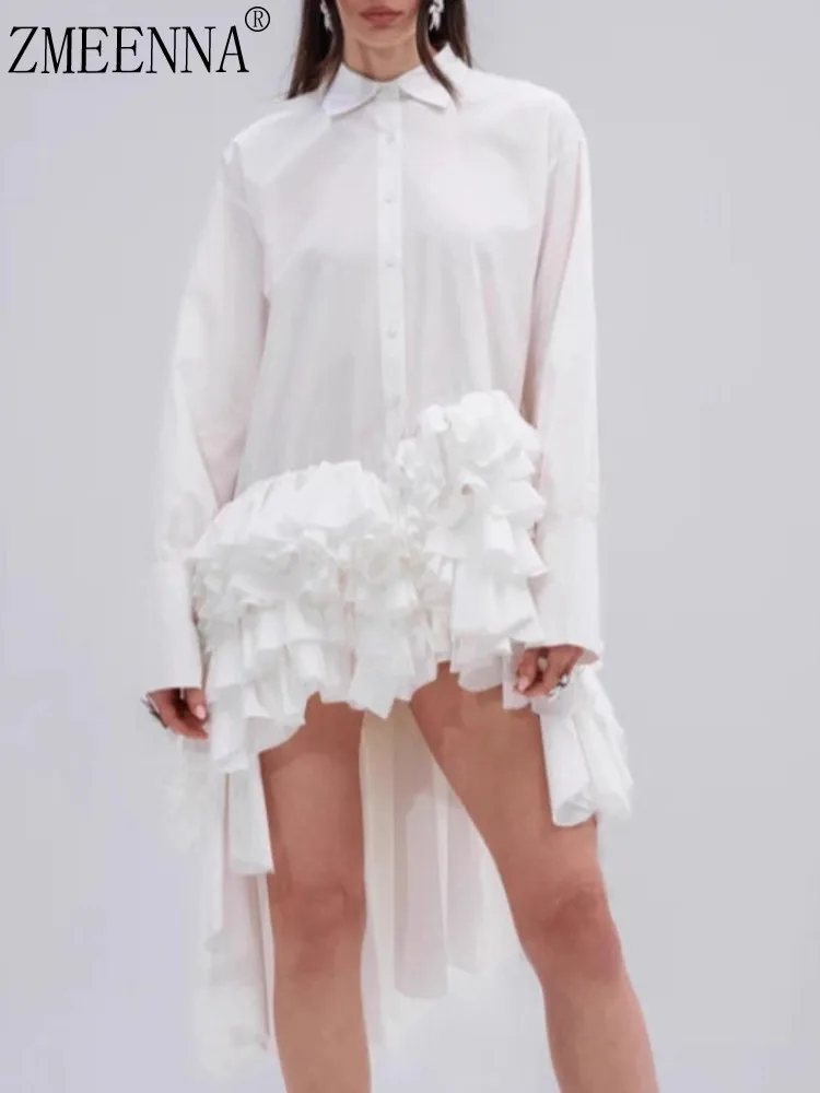 

ZMEENNA женская белая рубашка на пуговицах с асимметричными рюшами и многоуровневым подолом, блузка с длинными рукавами, топ-туника, элегантная мода ZM4192
