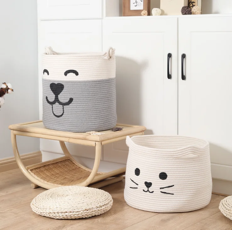 

INS Han Feng Cartoon Cotton Rope Woven Toy Storage Basket Children's Sundry Basket Large Folding Dirty Clothes Storage Bucket