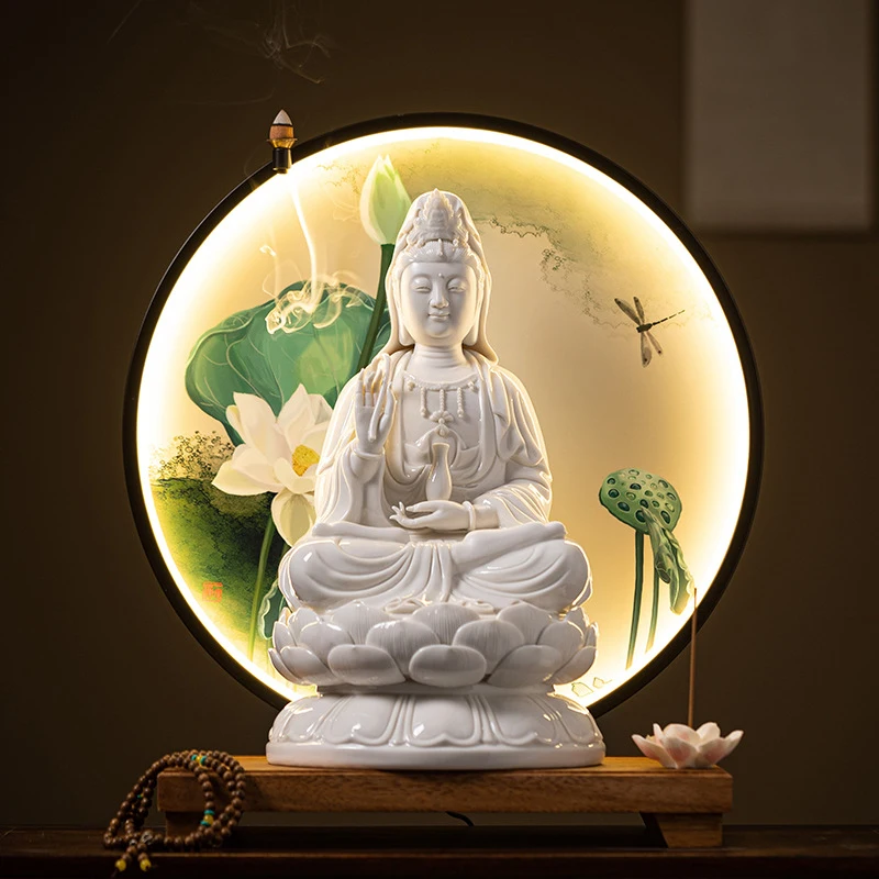 Ceramic Lotus-Sitting Guanyin Buddha Statue For Home Worship, Decorative Item, With Light Ring And Backflow Incense Burner, Whit