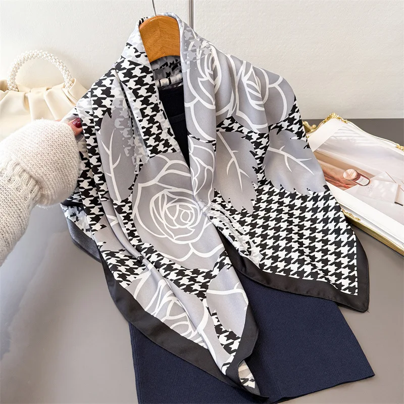 

90*90cm Houndstooth Floral Cotton Square Scarf Women Silk Scarves Bandanas Luxury Beach Shawl Wraps Elegant Hijab Neckerchief