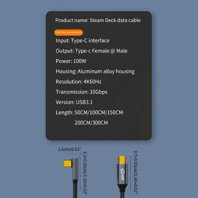 Kabel Data Pria Ke Pria Tipe C 100W 5A Pengisian Cepat Usb3.1 Gen2 90 Derajat Kabel Pengisi Daya Malaikat