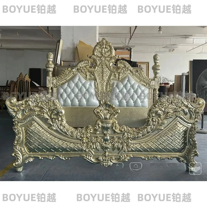 Luxury French Court Style Solid Wood Double Bed Hand Carved Champagne Gold Frame High End Villa Bedroom Furniture Elegant