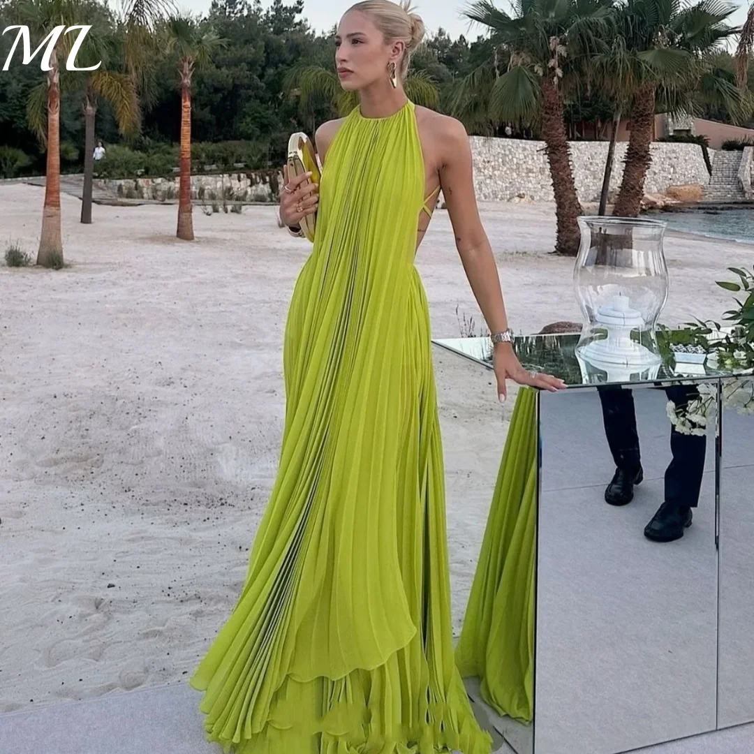 

ML Sexy Bright Green Draped Chiffon Beach Evening Dresses Women Backless High Side Slit Ruched Formal Prom Party Gown Customized