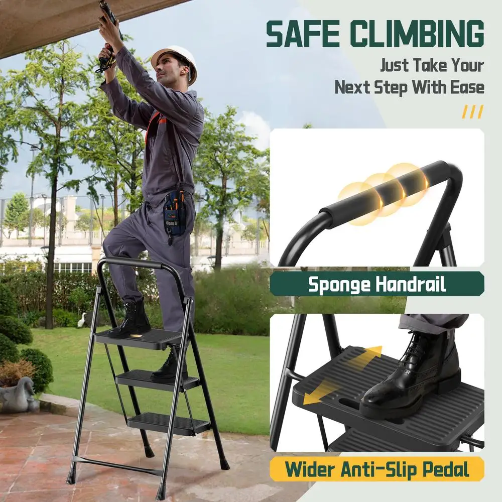 3-Step Foldable Stool with Honeycomb Structure Home Improvement Max 500lbs Easy Lock Mechanism Non-Slip Feet Compact Design