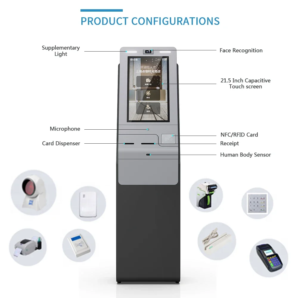 Self Payment Kiosk with Printer Scanner and Camera Interactive Automatic Touch Screen Kiosk Self Check-in Machine for Hotel