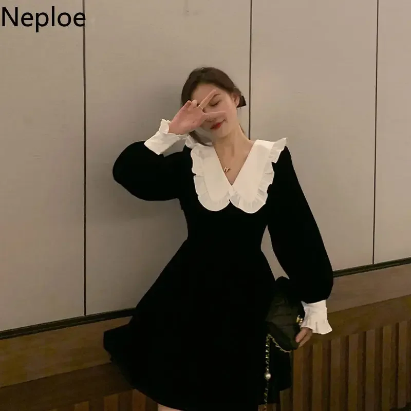 Neploe Dress for Women Chic Peter Pan Collar Vintage Vestidos De Mujer Slim Waist Ruffles Velvet Korean Dresses Temperament Robe