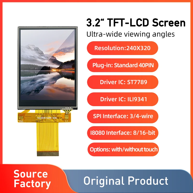 

3.2inch 320*240 SPI Serial TFT LCD Module Display 8/16 bit Parallel Screen with Touch Panel Driver IC 9341/7789 for MCU 40Pin