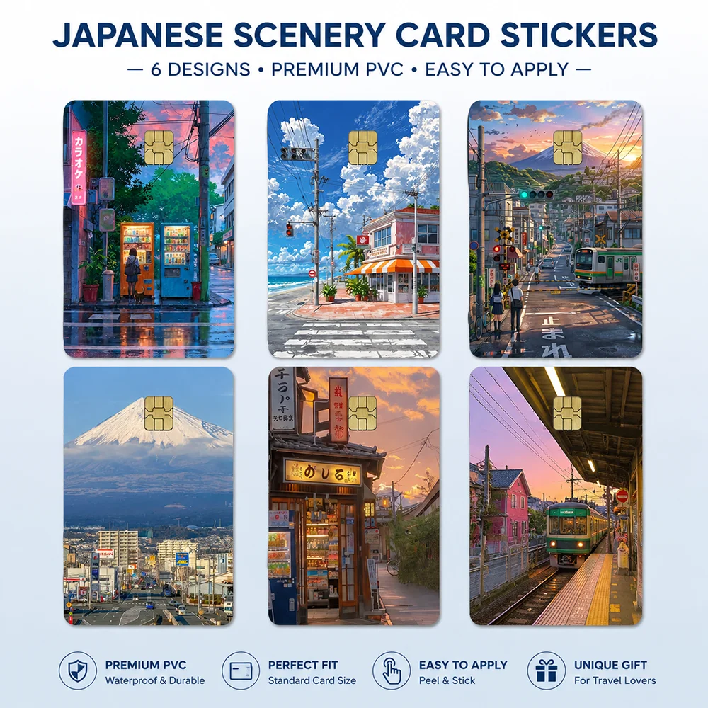 Japanese Scenery Card Stickers Set 6 Unique Designs Premium PVC Waterproof Peel & Stick Card Skins Travel Aesthetic Gift
