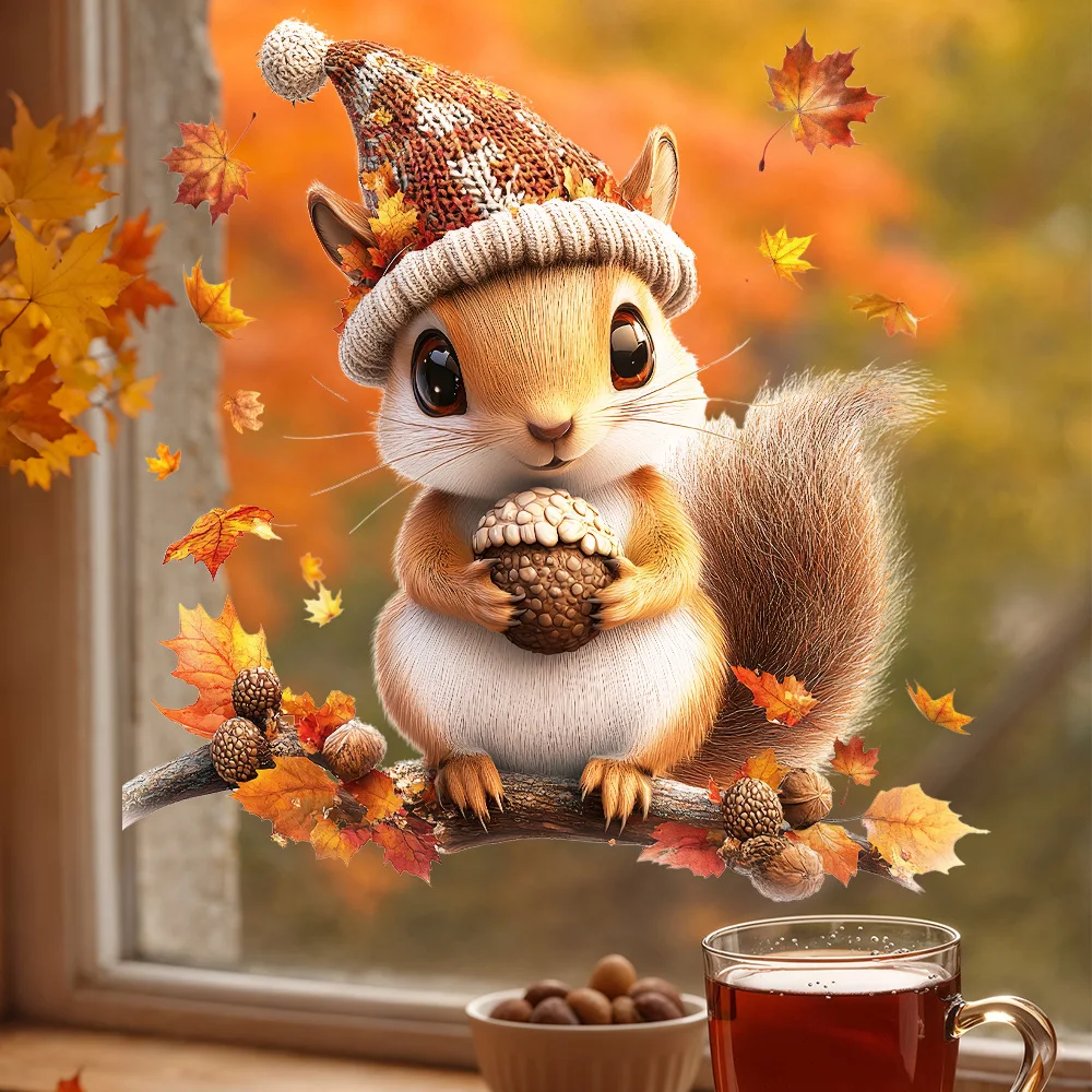Thanksgiving-Eichhörnchen Fenstersticker, statisch haftend, wasserdicht, kleberfrei, Vinyl-Aufkleber für Wohnzimmer, Schlafzimmer, Badezimmer, Türglas