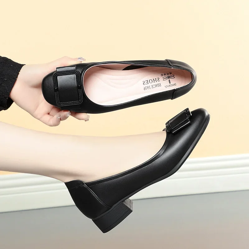 Fashion Comfortable Breathable Shallow Mouth Shoes Women Pumps 2026 Spring Autumn Slip on Block Heel Shoes Black for Mother Work