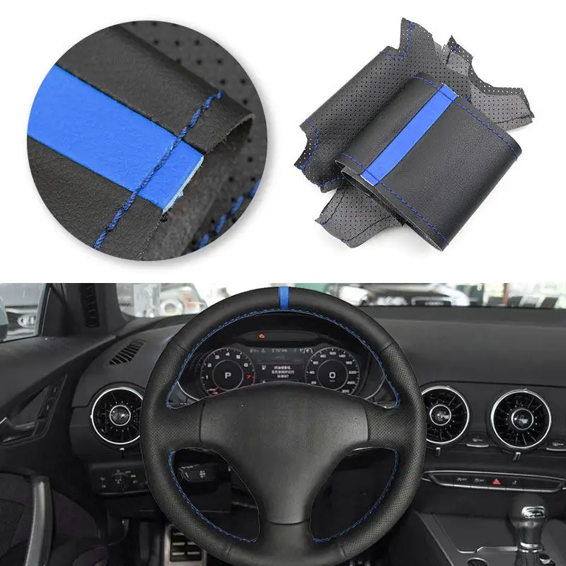 For Audi A3 2000-2003 A4 S4 2004-2006 TT RS 6 3-Spoke Perforated Leather Hand-stitched Car Interior Steering Wheel Cover Trim