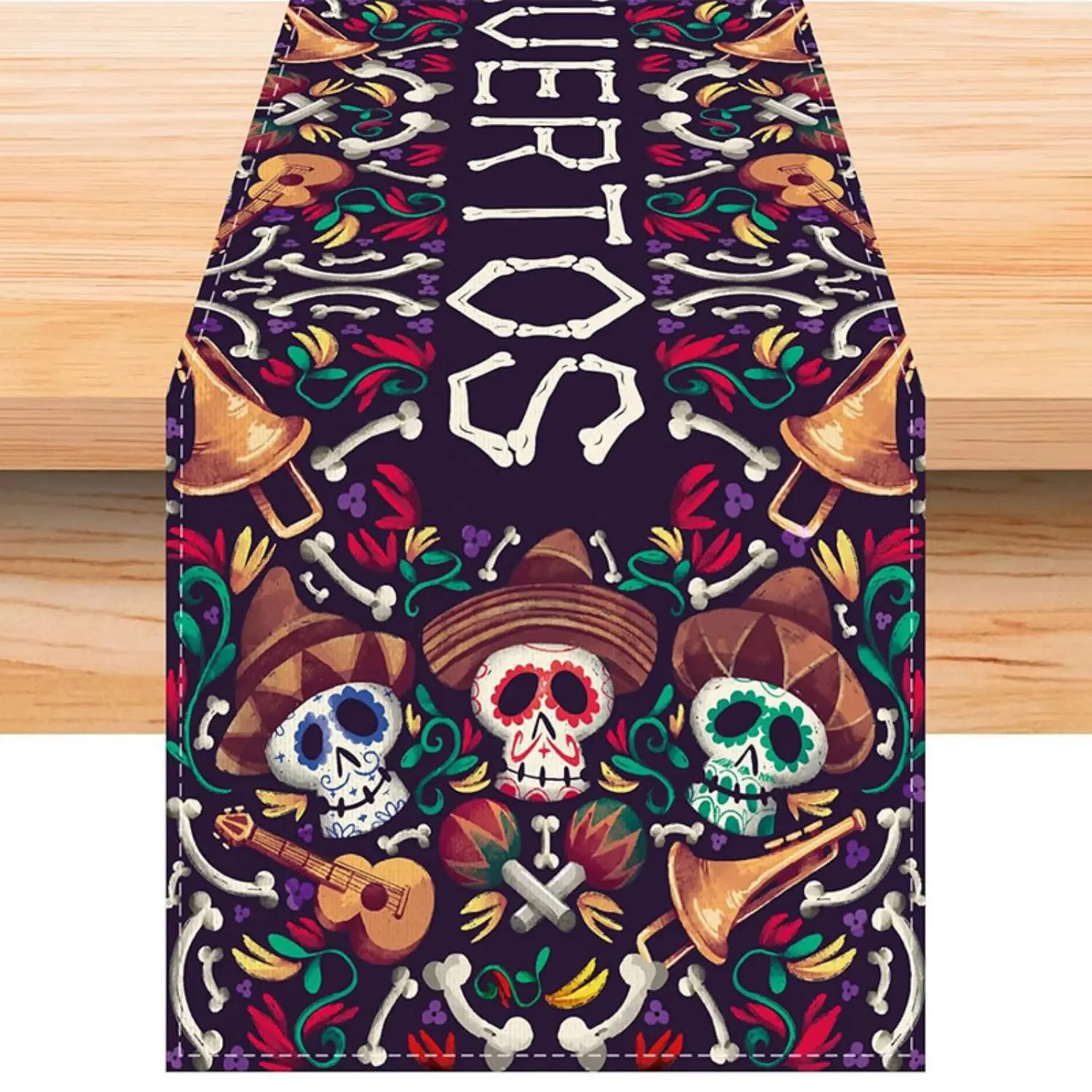 

Dia De Los Muertos Mexican Table Runner,Sugar Skull Decor,Rustic Linen Day of The Dead Decorations,Fiesta Party for Home Dining