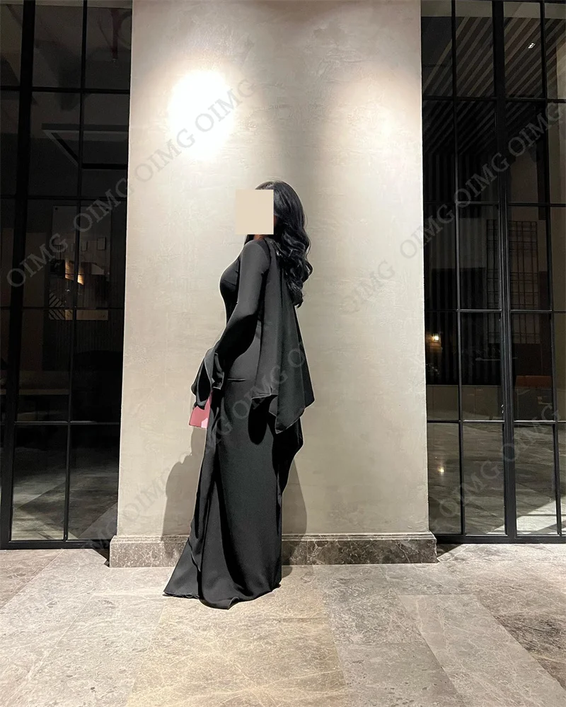 OIMG Black Sheath Saudi Arabia Women Prom Dresses Long Sleeves Formal Prom Gowns Ruched Pleats Evening Dress Club Outfit