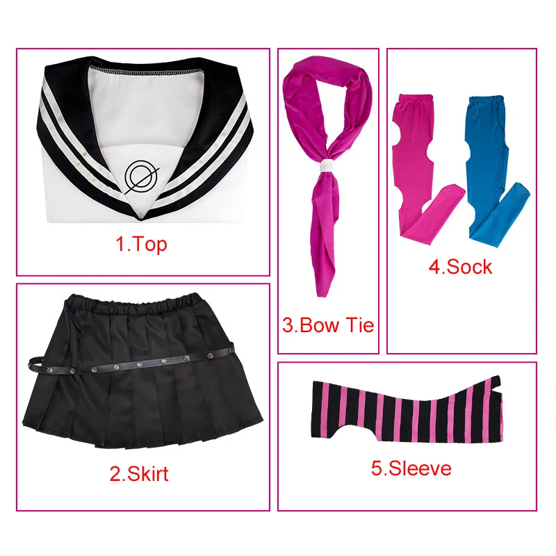 Perruque de Cosplay pour femmes, jupe courte, bas, Costume de carnaval d'halloween, Anime Danganronpa Mioda Ibuki