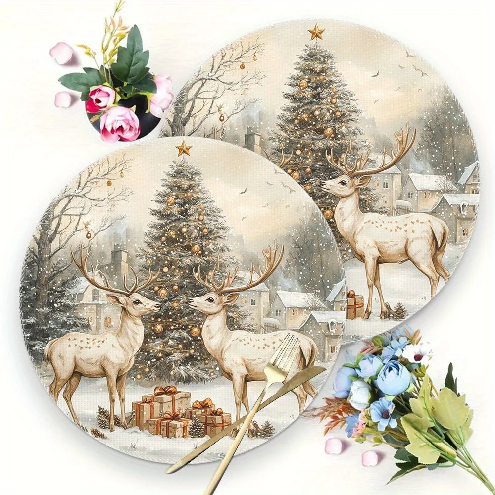 VIKAMA 4PC Snow Deer Christmas Meal Mat Snow Christmas Tree Holiday Home Banquet Restaurant Desktop Decoration and Accessories