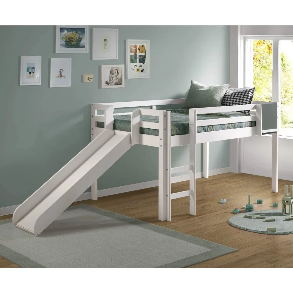 Susie Full Size House Bed, Kids Low Loft Bed with Step Ladder, Solid Pine Wood Cabana Style House Loft Bed for Kids