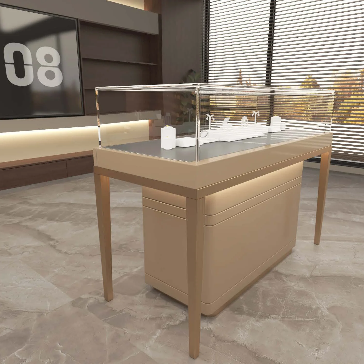 Custom.New Design Jewelry Store Display Cabinet Wood Led Light Strip Glass Jewelry Display Case Showcase