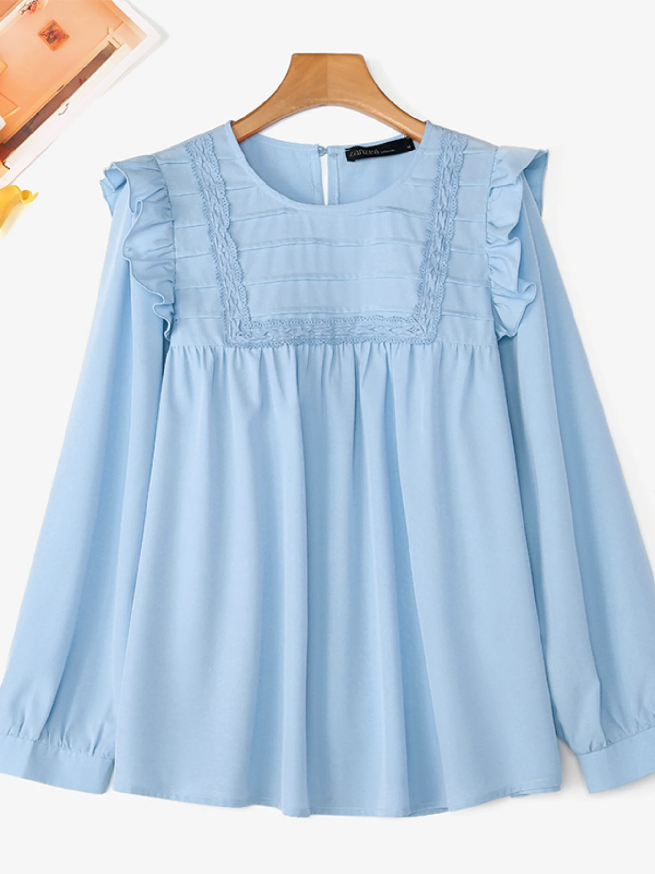 ZANZEA, Blusas de moda de otoño para mujer, Blusas informales de manga larga con volantes, Tops de Color sólido, túnicas holgadas elegantes con cuello redondo para mujer