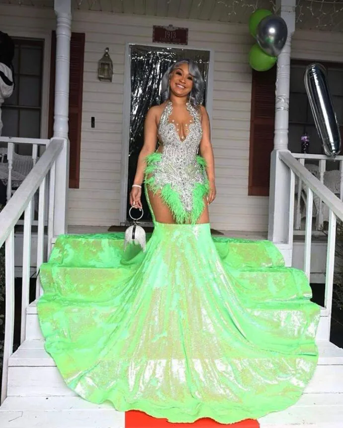 Fruit Green African Trumpet Prom Queen Dress for Women Luxury Crystal Feather Black Girl Birthday Dresses vestidos de gala mujer