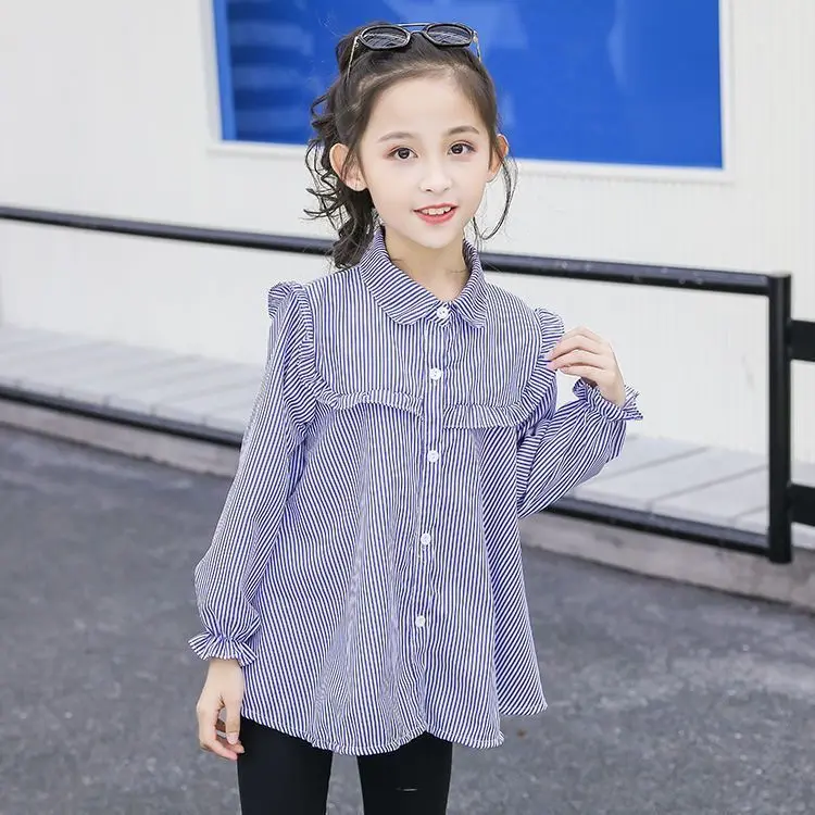 Girls' Shirt Spring and Autumn New Style Shirt Western Style Striped Children's Baby Korean Version Long Sleeved Shirt for Women