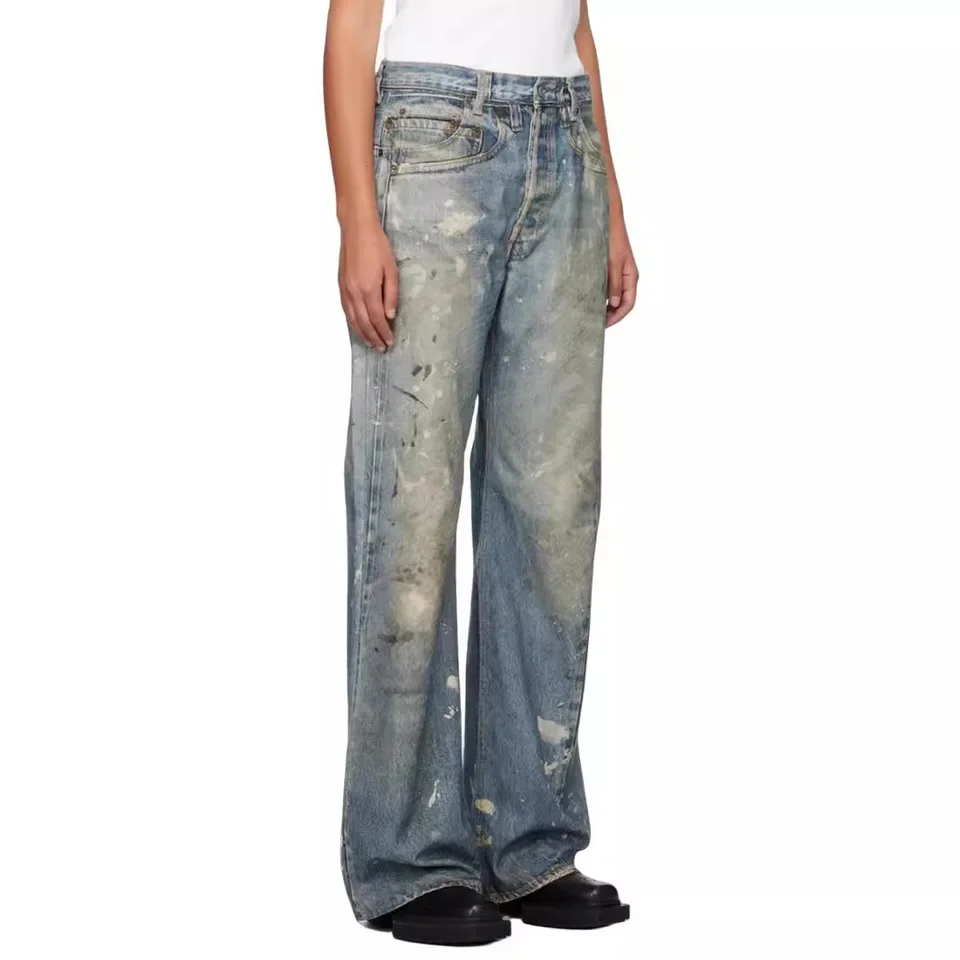 2025 Autumn New Washed Vintage Ripped Loose Wide Leg Jeans Digital Print Trendy Fashion Casual Trousers