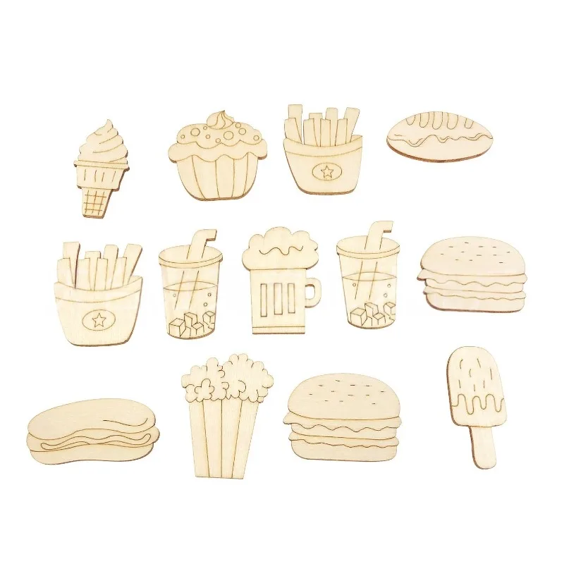 50pcs Random Cupcake Hot Dog Popcorn Wood Cutouts Unfinished Dessert Drink Food Theme Wooden Cutouts for Crafts Painting