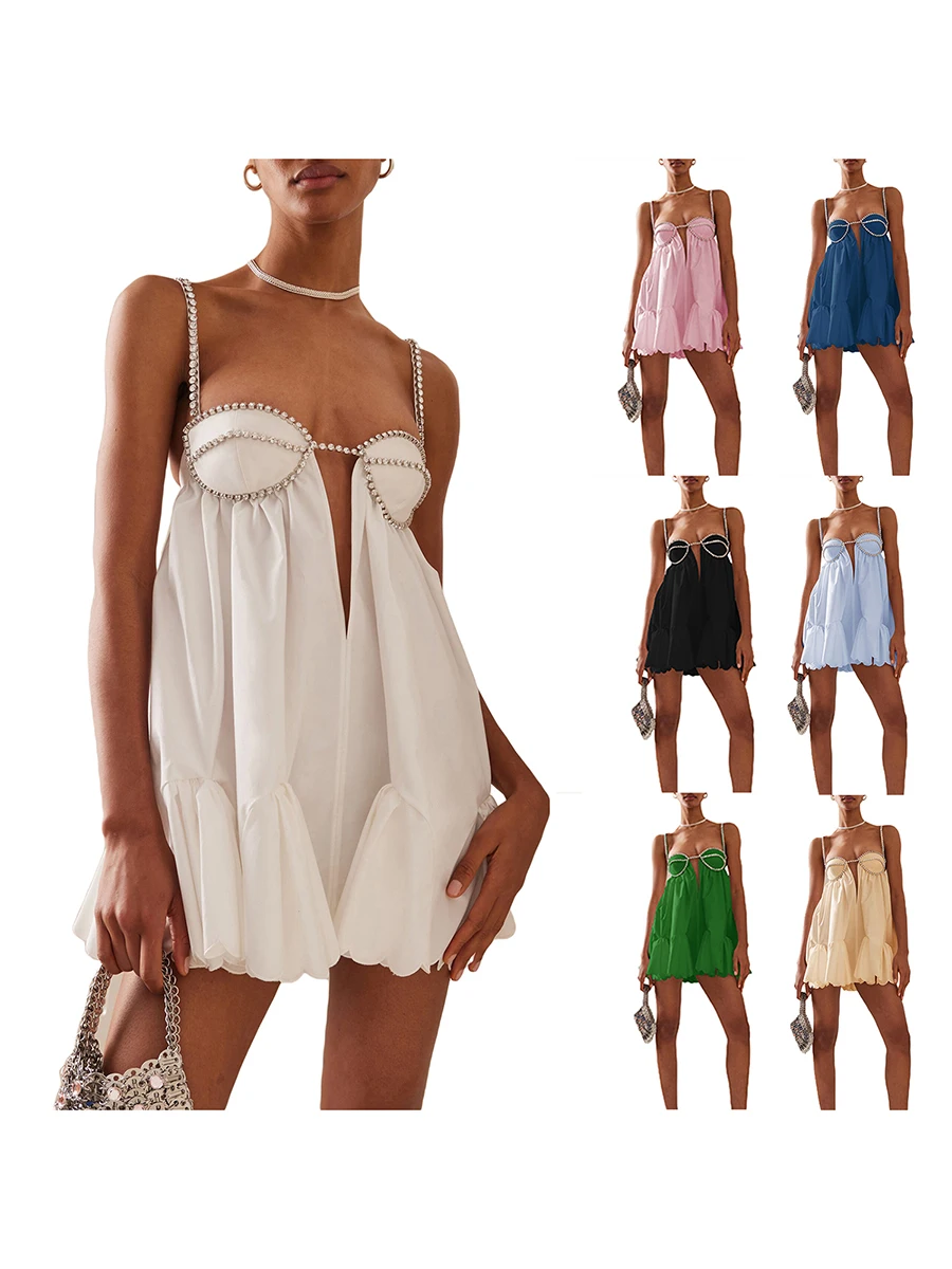 Women Y2k Rhinestone Short Dress Spaghetti Strap Going Out Mini Dress Low Cut Backless Cami Dress for Beach Nightclub