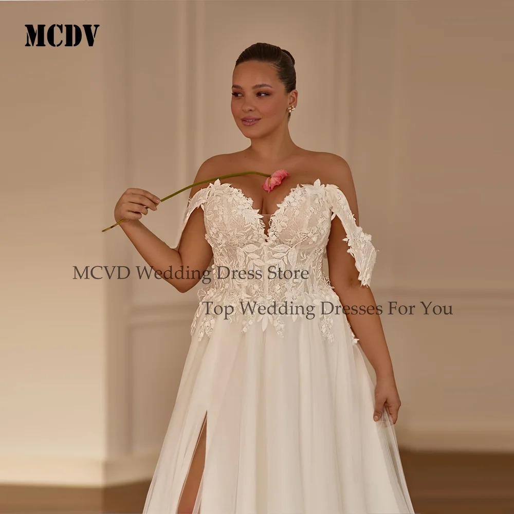MCDV dentelle chérie fendu robe De mariée grande taille mariée hors épaule Applique a-ligne balayage Train robes De Novia personnalisé