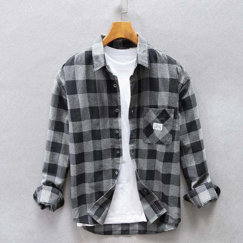 

Vintage Plaid Shirt Men Spring Autumn New Cotton Lapel Loose Long Sleeve Tooling Shirt Retro Casual Streetwear Cardigan Top Tee