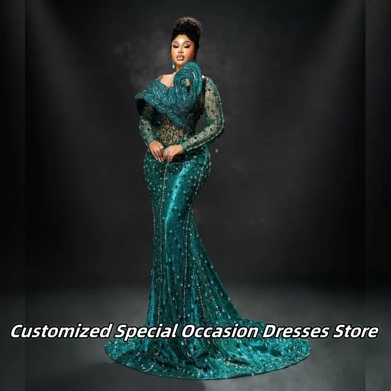 

Green Delicate Long Sleeves Mermaid Evening Dresses For Nigerian Girls Bridesmaid Prom Gowns Wedding Party Dress Customized