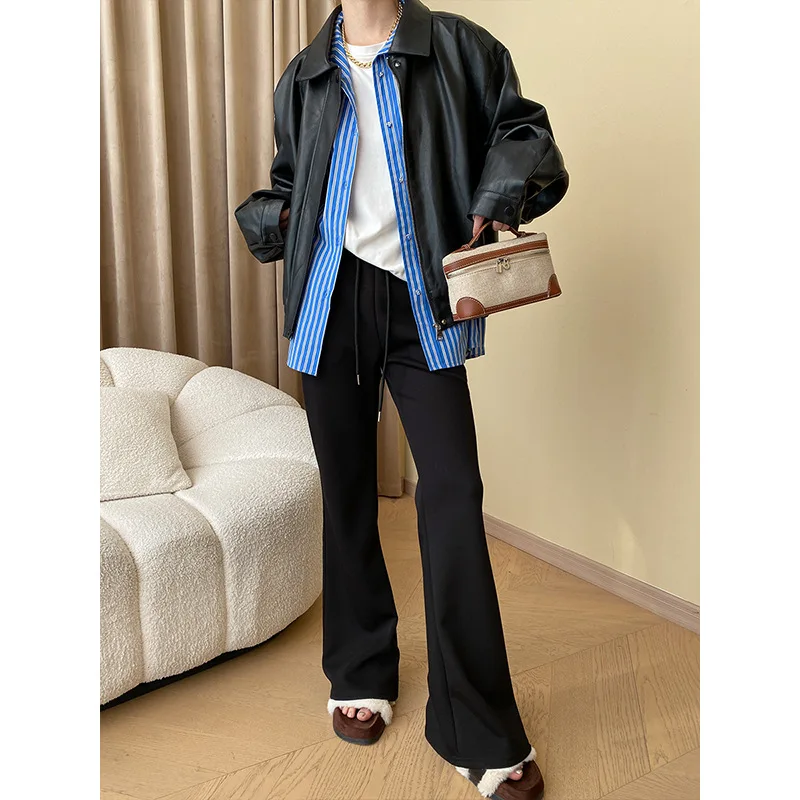 Suede Patchwork Vertical Striped Loose Blue Shirt Layered Autumn And Winter Blouse