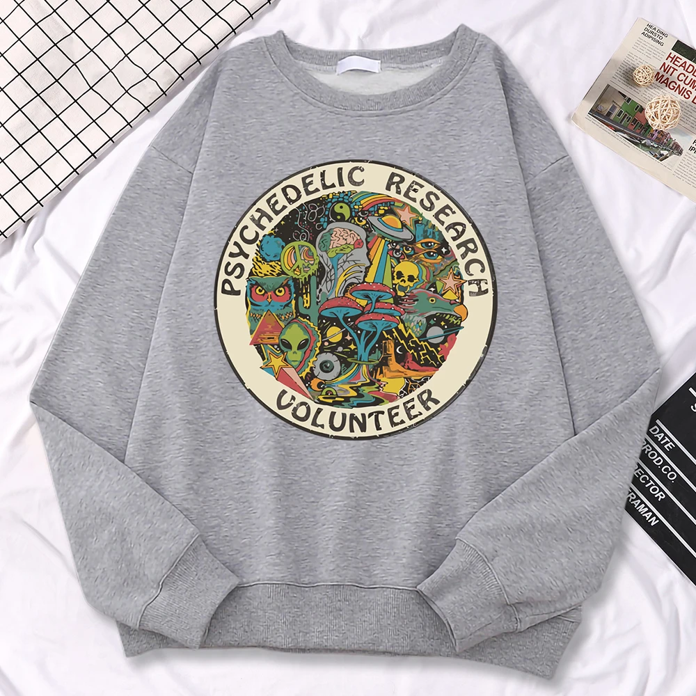 Casual Kawaii Women Sweatshirts Psychedelic Research Volunteer Colourful Prints Hoodie Loose Crewneck Pullover Warm Fleece Tops