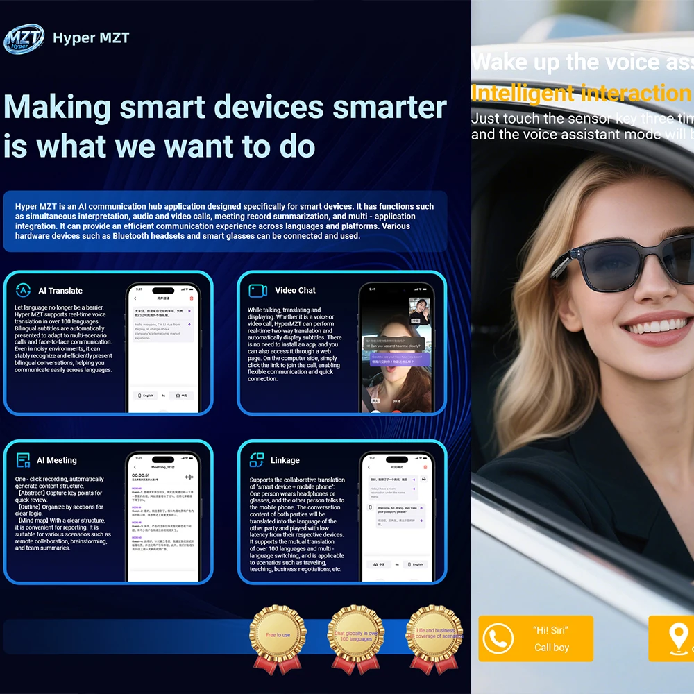 Smart Glasses AI translation 100+ Languages Make Receive Calls Music Calling Noise Reduction Light BT TWS Glasses Men Women