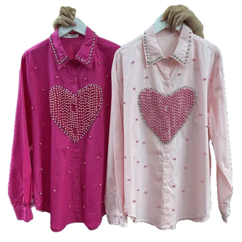Heavy Love Beading Diamonds Female Blouses New Spring Autumn Loose Long Sleeve Cardigans Top Single-breasted Casual Women Shirts
