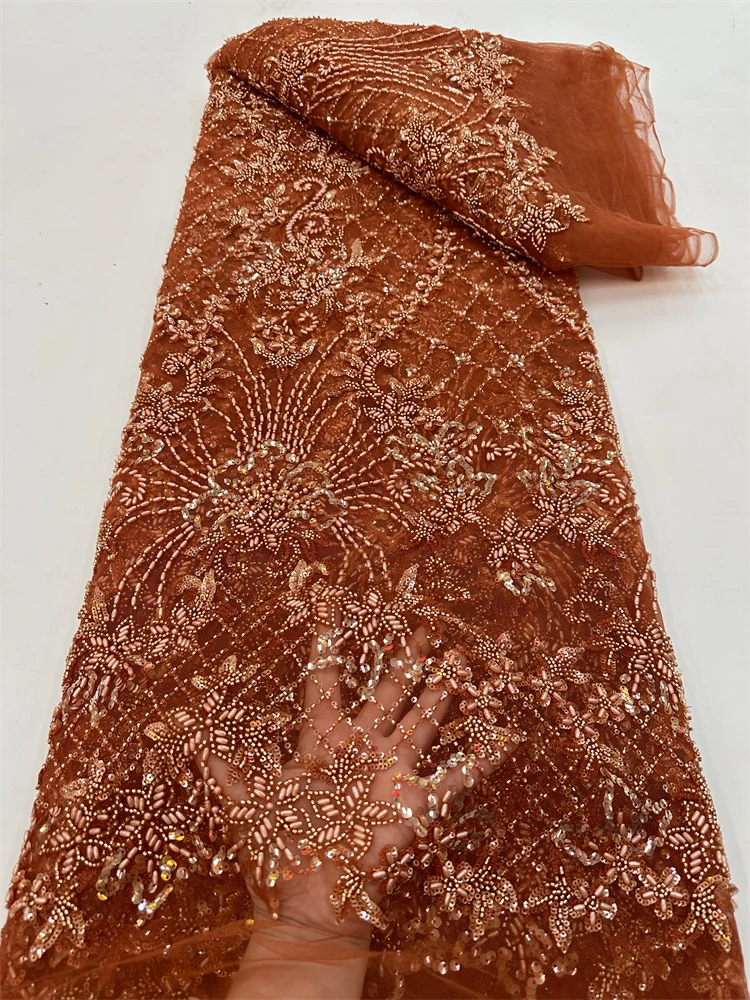 

African Luxury Lace Fabric 2023 Nigeiran Lace Fabric High Quality Wedding Bridal Sequins Beaded Lace For Evening Dress rf