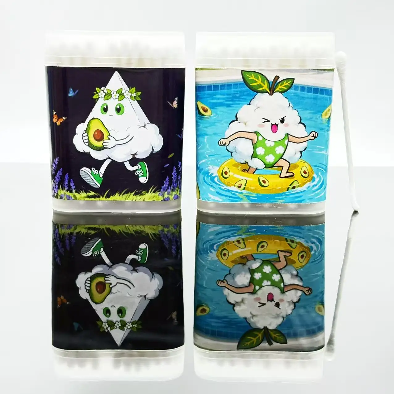 200 قطعة مسحات قطنية بيضاء ذات طابع أفوكادو مزدوج الأطراف، ملعقة مستديرة مبتكرة لعنصر الأفوكادو أعواد قطنية