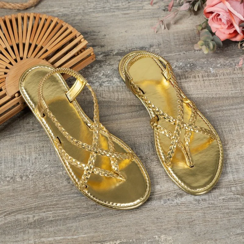 Women Beach Woven Hollow Sandals Women Flats Casual Clip Toe Sandals Summer 2024 New Fashion Walking Zapatos Dress Femme Slides