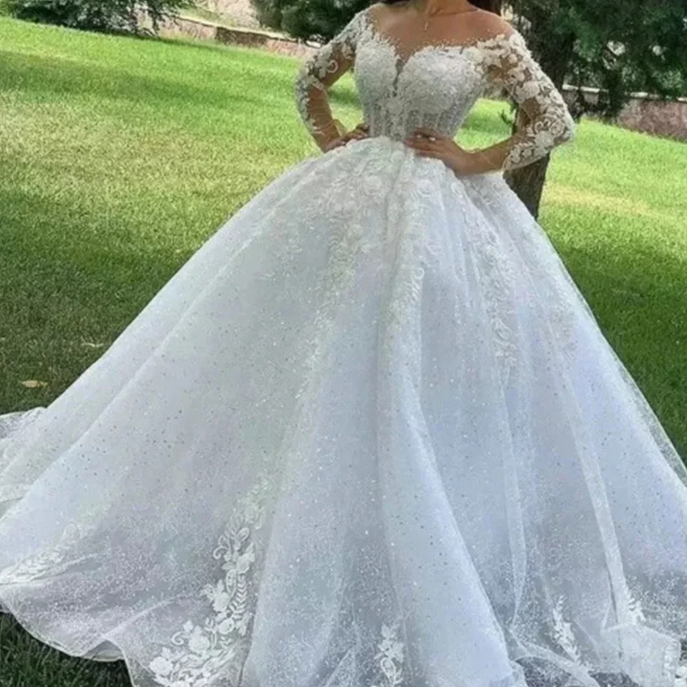 

Temperament and High Quality Appliques Lace Sequined Organza Off the Shoulder Wedding Dress A-Line Long Sleeves Sweetheart 2024