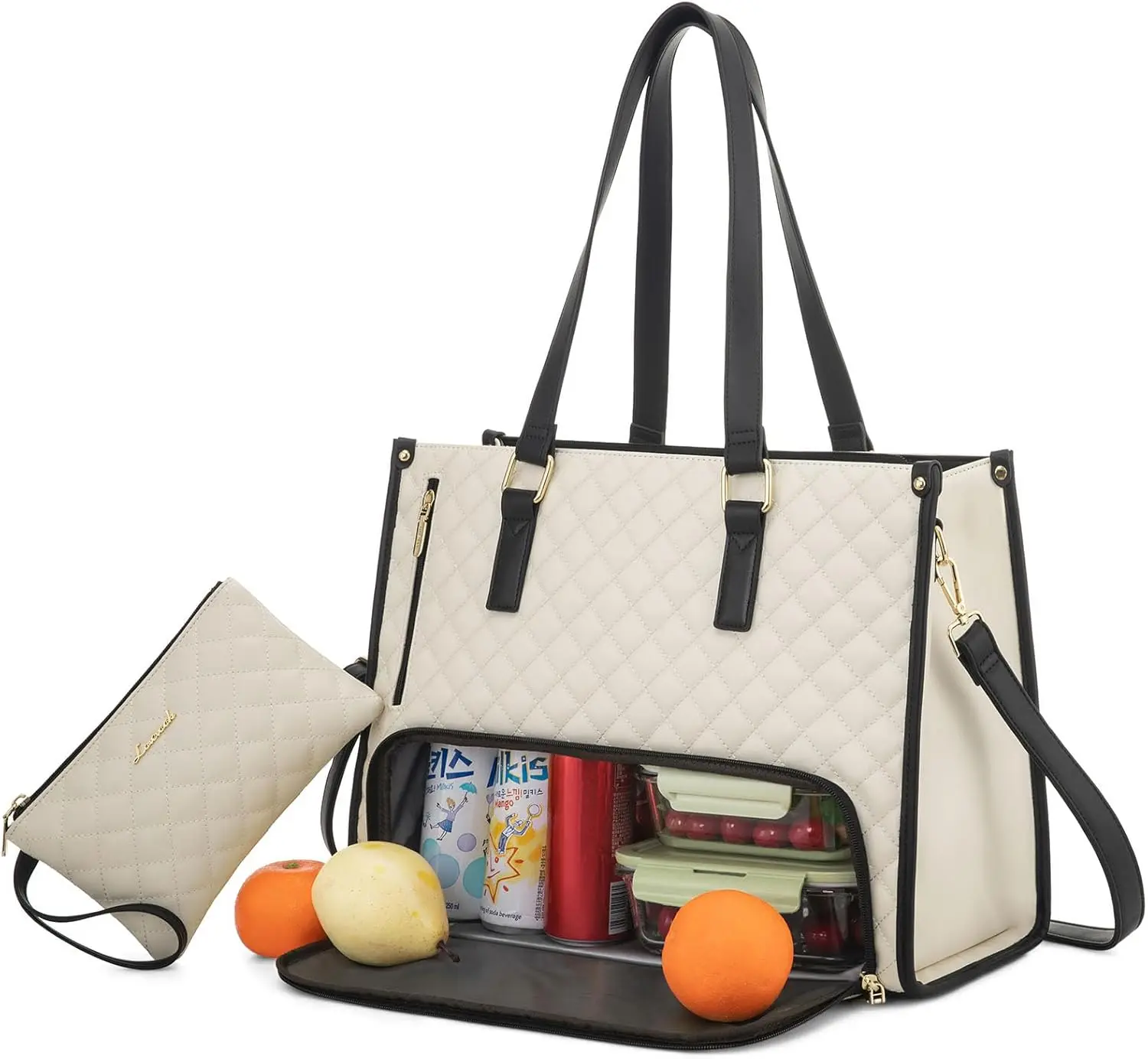 

Lunch Tote Bag for Women, 15.6 Inch Laptop Bag with Insulated Lunch Compartment, Quilted Large Capacity Computer Handbag with