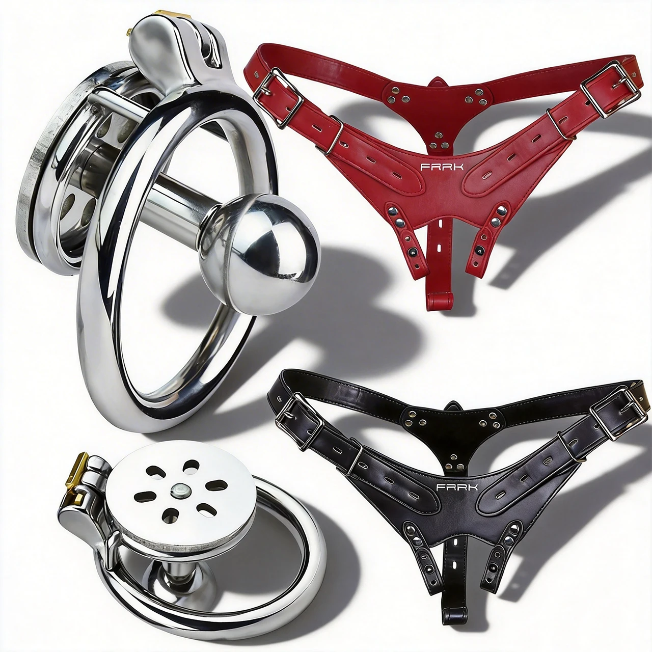FRRK Flat Chastity Cage Device with Steel Bar Catheter Hot New Adjustable Three-Point Strap Belt Restraints CBT BDSM Adult Toys