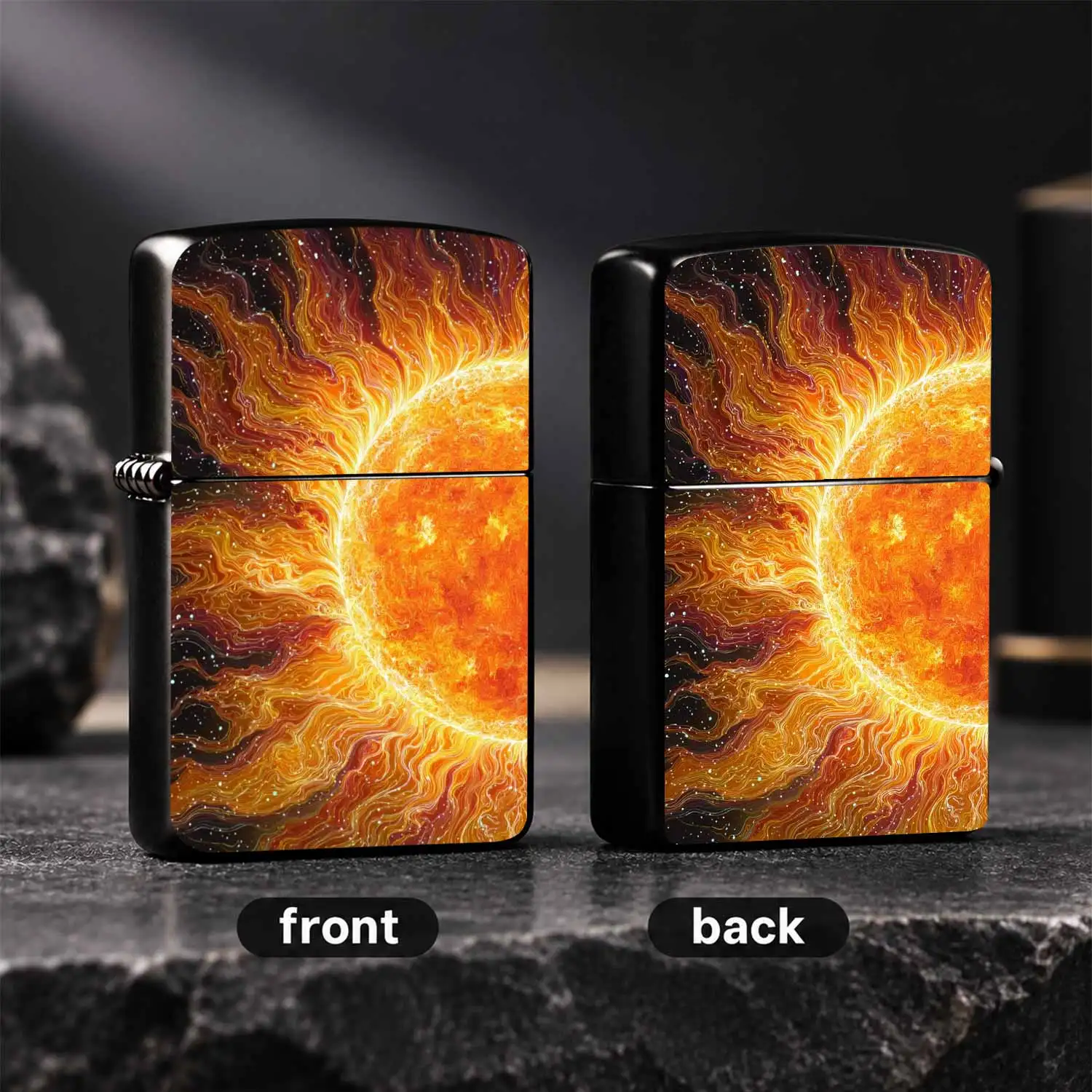 Artistic Swirling Sun Themed Lighter, Vibrant Cosmic Flame Pattern, Stylish Portable Accessory, Perfect For Camping Gatherings Daily Trips, Exquisite Distinctive Practical Gift, Immersive Vibe Unique Carry Item, Fits All Common Scenarios, T