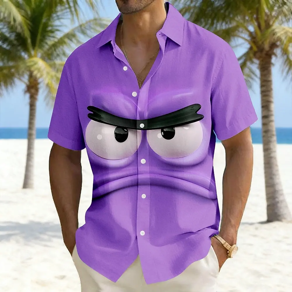 Heren optische illusie 3D cartoon boos gezicht shirts zomer shirt button-up shirt korte mouw grappig outdoor vakantie dagelijkse kleding
