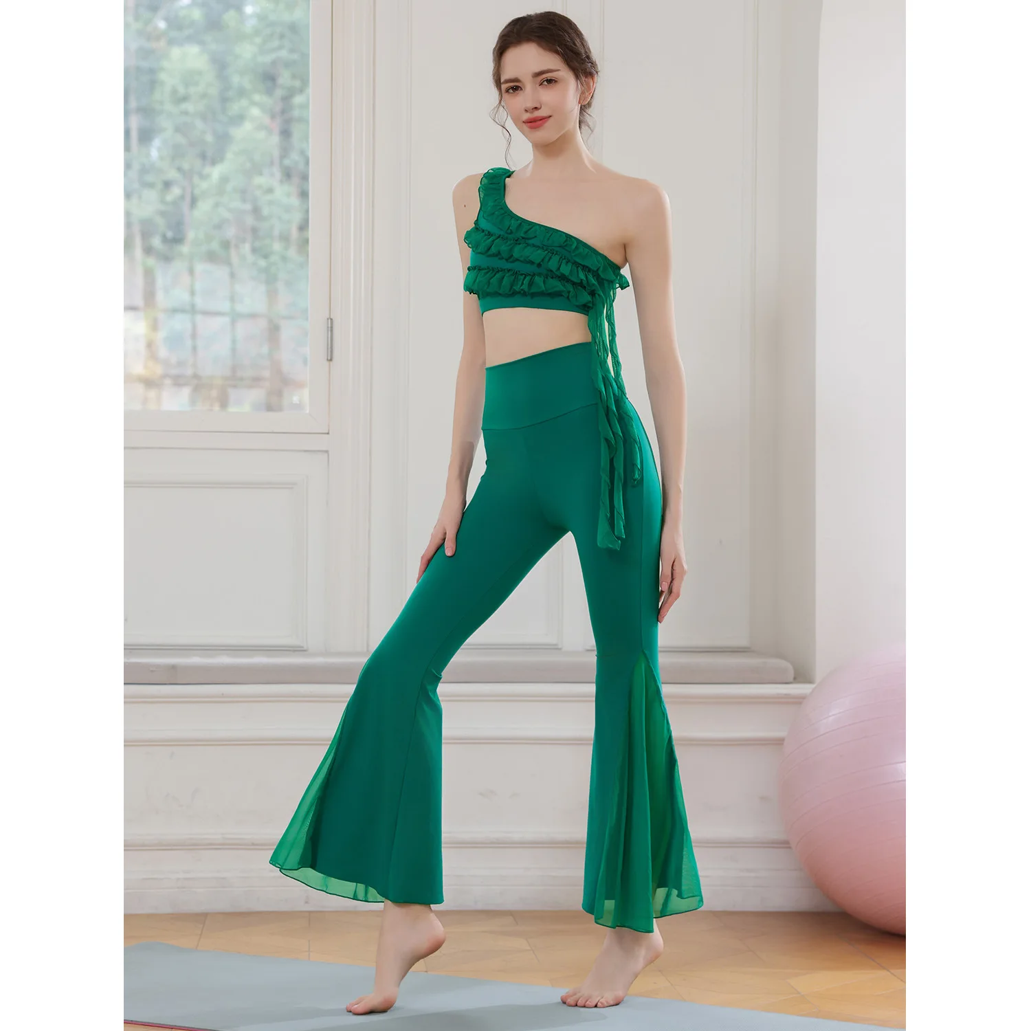 

Yoga Clothes Sports Vest Set Women's Oblique Single Fungus Edge Shock-proof Fitness Bra Underwear Trumpet Dance Practice Pants