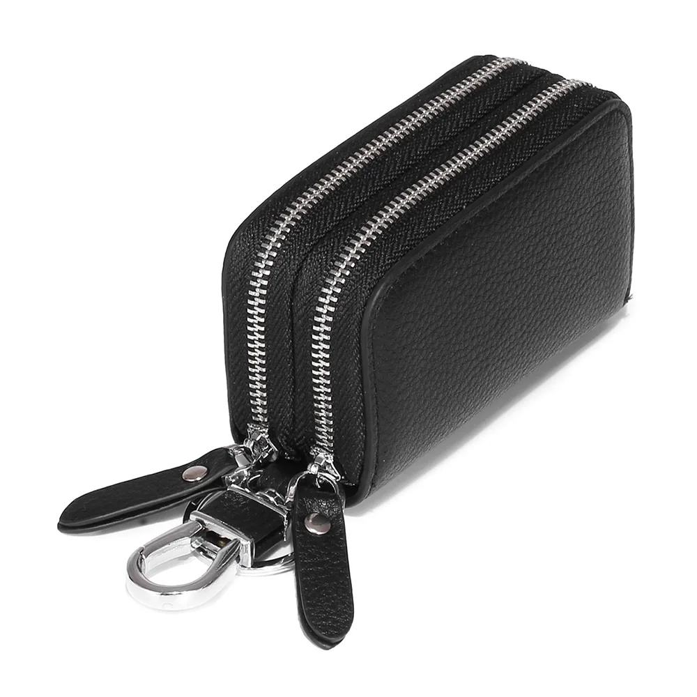 Car Key Case Holder Double Zipper, Leather Car Smart Key Fob Case with Keychain for Men and Women