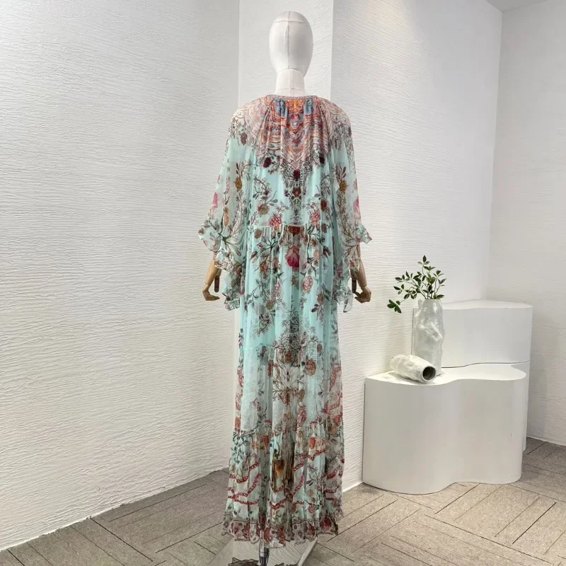 High Quality 2024 New Ladies' Blue Green Floral Animal Print Elegant Long Sleeve Diamonds Midi Dresses for Holiday Party