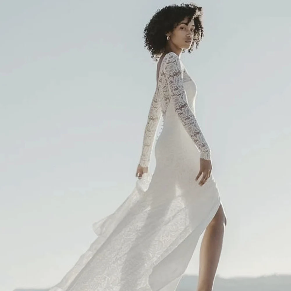 Robes De mariée blanches sirène en dentelle, Sexy, manches longues, dos Illusin, longueur au sol, robe fendue sur le côté
