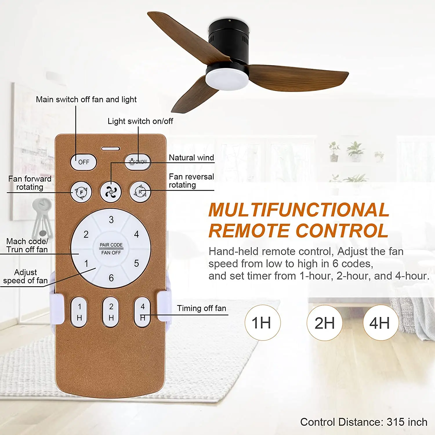 Simple Deluxe 40-inch Ceiling Fan with LED Light and Remote Control, 6-Speed Modes, 2 Rotating Modes , Timer