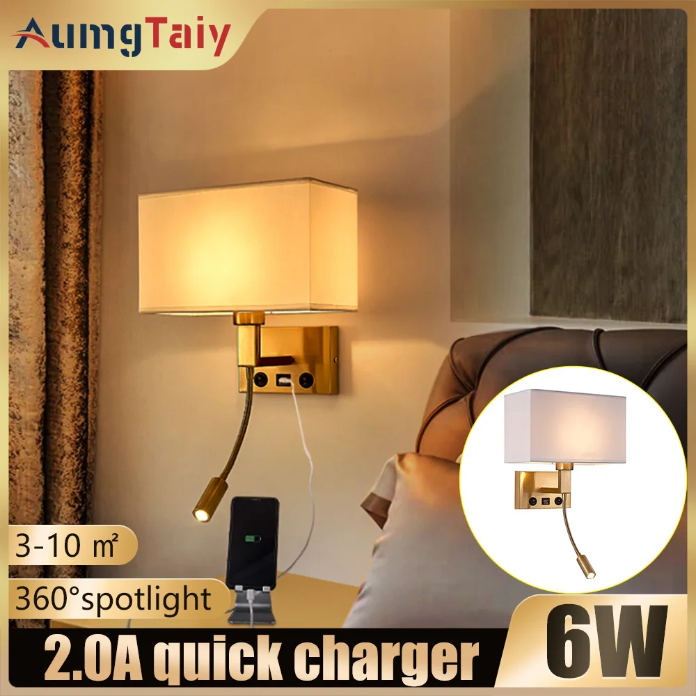 Wall Sconce Led Lights with 2.0A USB Charger 3W Spotlight Fabric Lampshade Wall Light for Bedroom Bedside Hotel Aisle Corridor